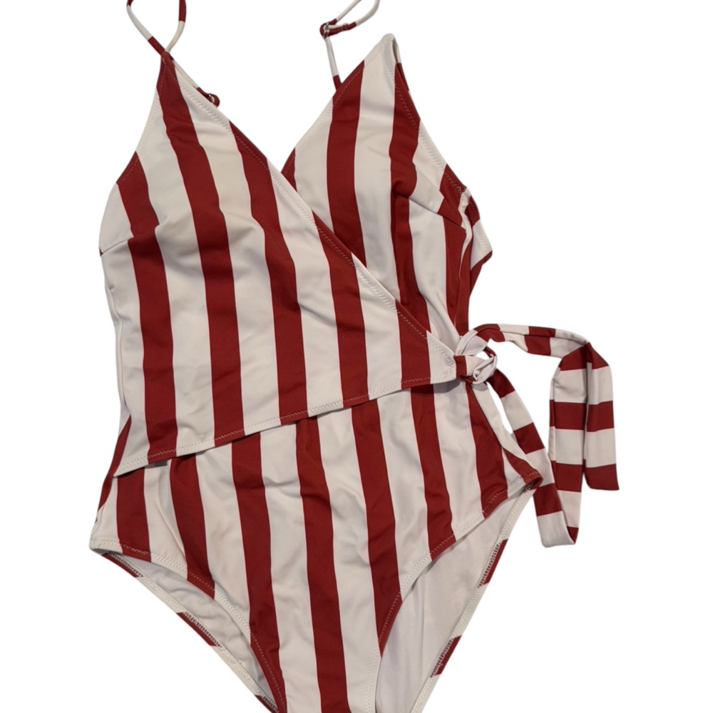 Cupshe Stay Young One Piece Monokini Swimsuit Small Red White Stripe - EUC